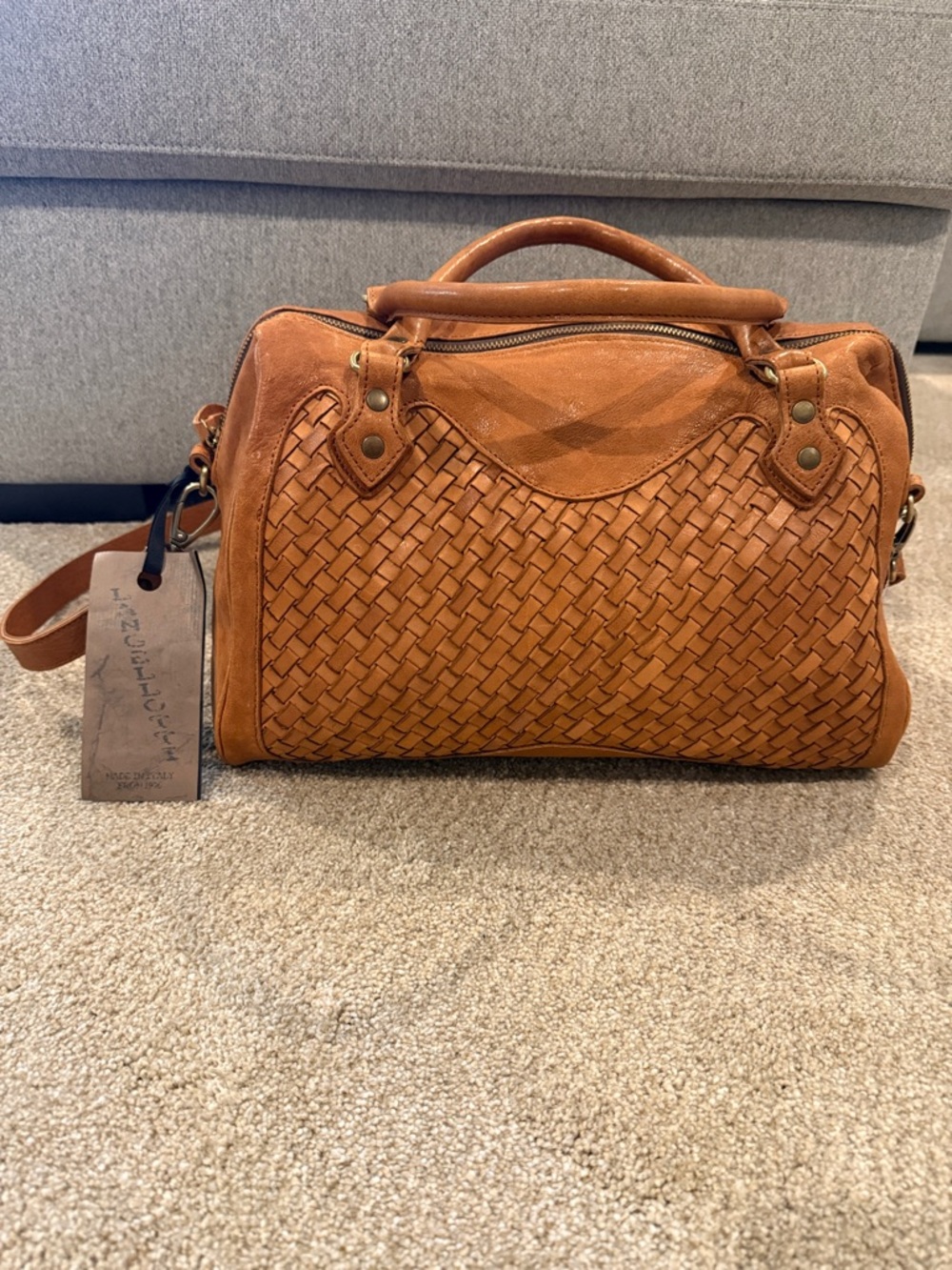 Woven Leather Satchel Handbag - Tan